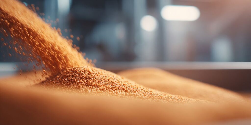 Close-up of granular material, plastic pellets or grain, in bulk industrial handling